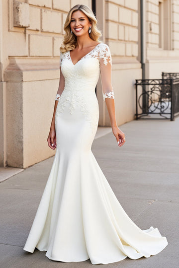 Ivory Mermaid V Neck Half Sleeve Wedding Dress With Appliques